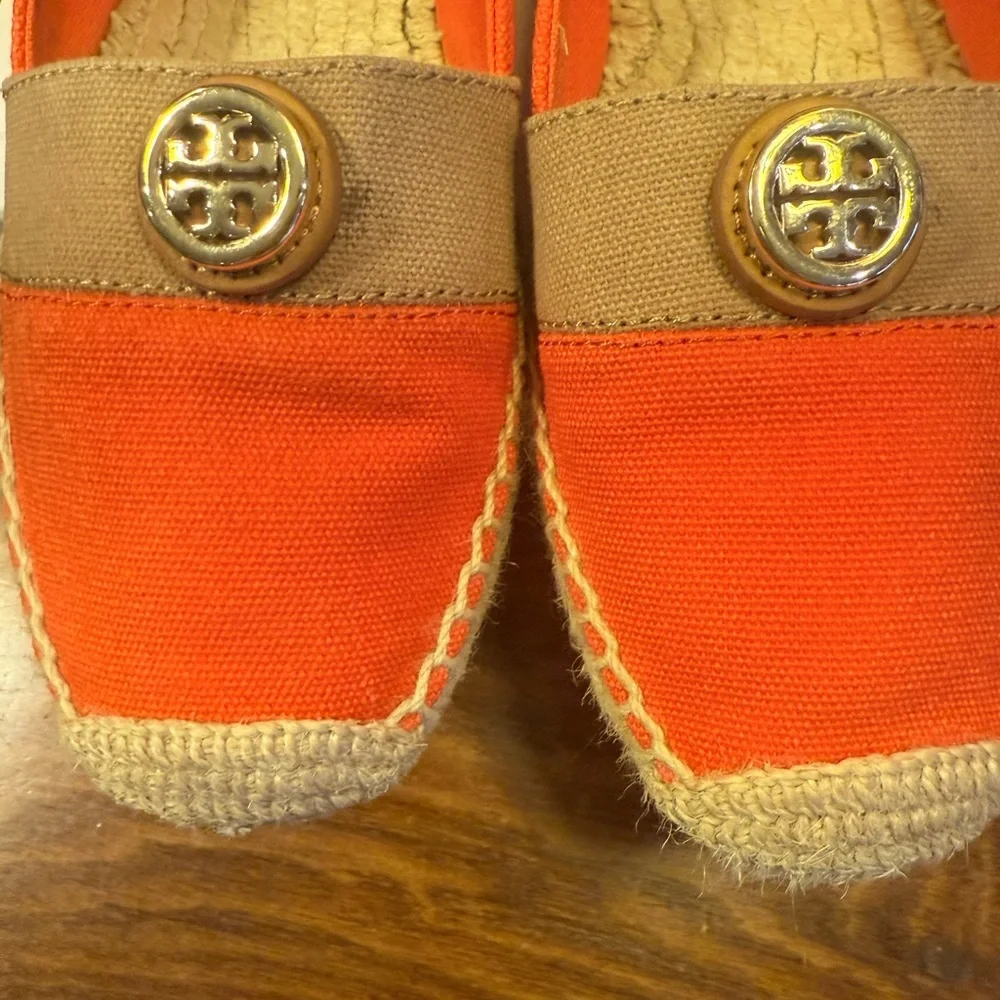 Tory Burch Beacher Orange Tan Gold Espadrilles Size 5.5